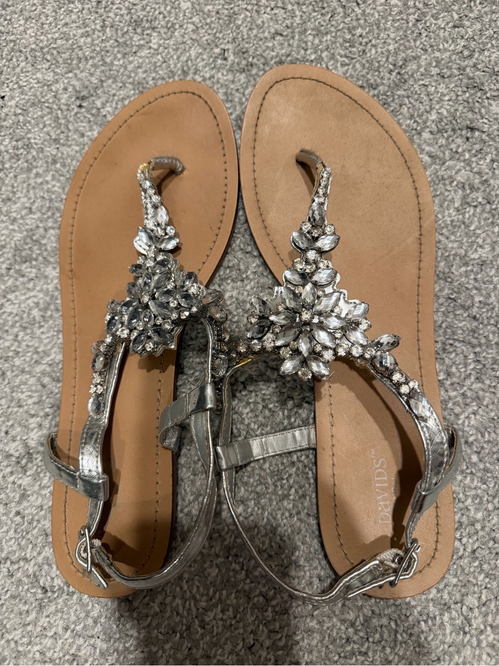 David's Bridal Silver Jeweled T-Strap Sandals